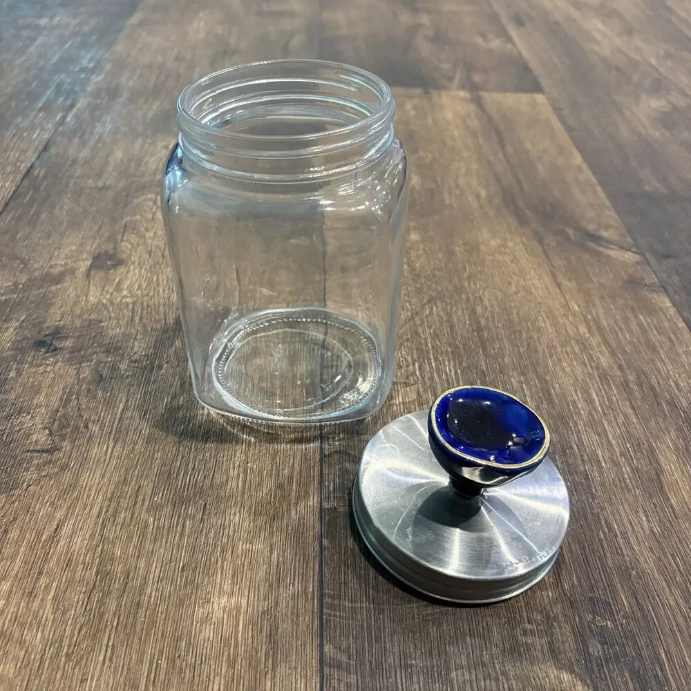 Glass Storage Canister Blue Porcelain Knob Stainless Lid Kitchen Counter Jar